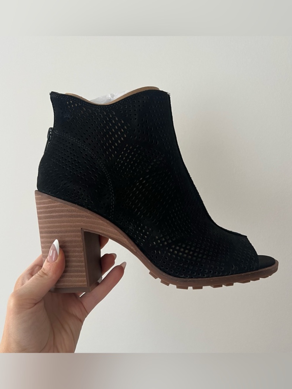 Lucky Brand Vacob Black Perforated Suede Peep-Toe Block Heel Bootie